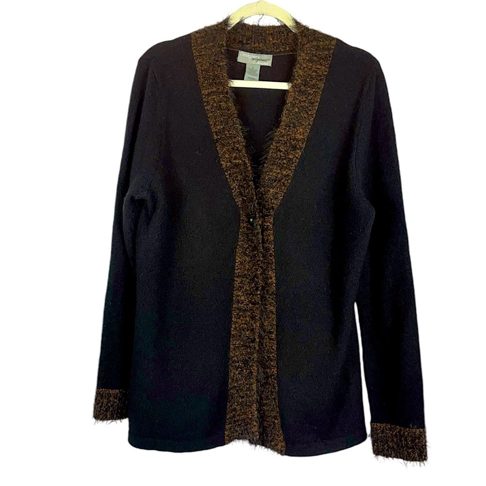 Designers Studio Originals cardigan one button long sleeve feathery trim Sz S